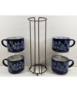 Temptations Floral Lace Blue Stackable 14 Oz Mugs &amp; Wire Rack Holder Sta... - £39.12 GBP