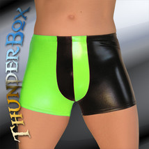 ThunderBox Faux Latex Black &amp; Neon Green Harlequin Pouch Shorts S-M-L-XL - £23.98 GBP