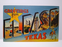 Greetings From El Paso Texas Big Large Letter Linen Postcard Cowboy Horse Cactus - £9.80 GBP