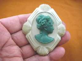 CL21-14) Woman Crown Of Flowers Green + Ivory Cameo Pin Pendant Jewelry Necklace - £32.08 GBP