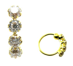 Charming 4 Stone White CZ Studded Nose Hoop Ring 18k Real Yellow Gold nase - £49.24 GBP