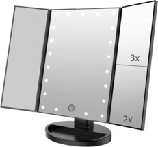 The Flymiro Tri-Fold Lighted Vanity Makeup Mirror With 3X/2X/1X Magnification, - £27.37 GBP