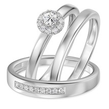 0.40 Ct Moissanite 14K White Gold Over Wedding His &amp; Her Solitaire Trio Ring Set - $150.08