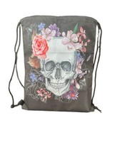 White Floral Skull Black Tote Bag, Drawstring Bag, Extra Large - £32.15 GBP