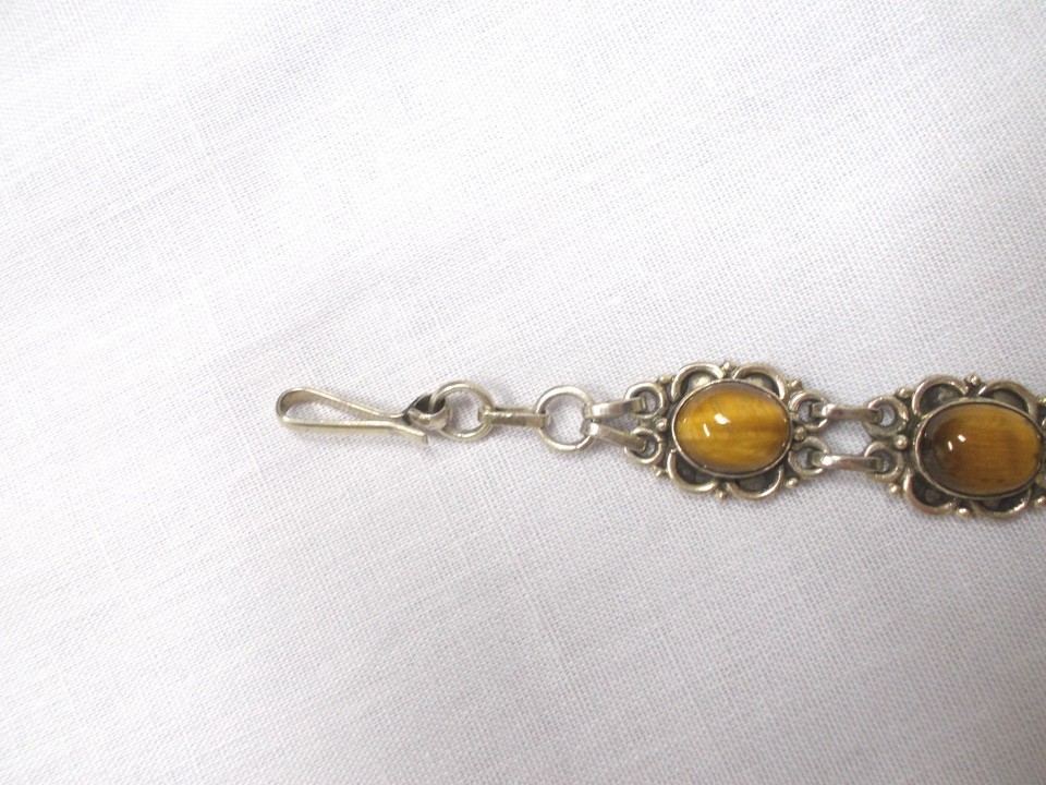 ESTATE STERLING SILVER w TIGERS EYE GEMS FLOWER DESIGN BRACELET ADJ SZ 7 - 8 Item image 5