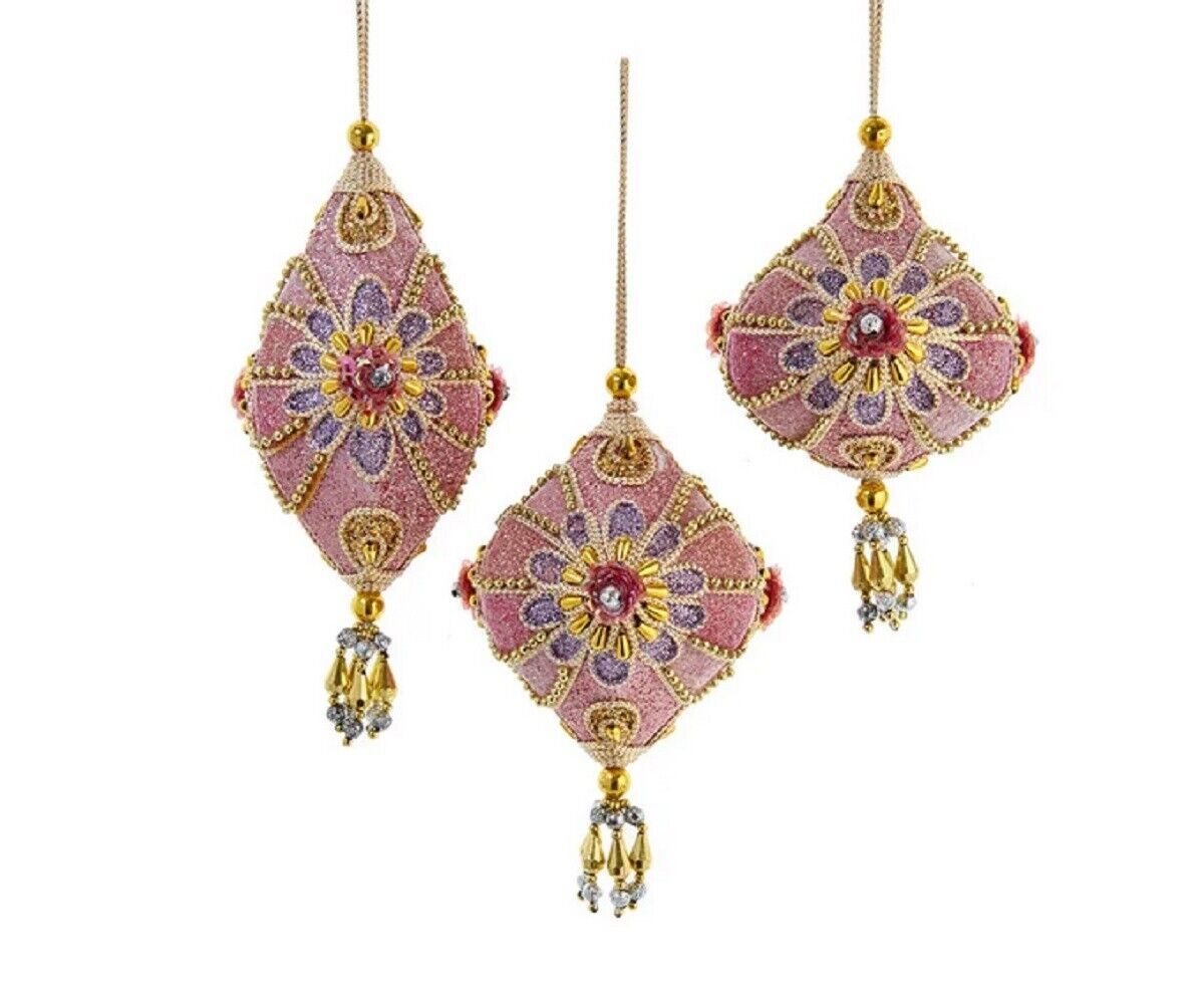 Kurt Adler Pink and Lavendar Beaded Drop Boho Ornments Set of 3 S4428 As shown - $21.44