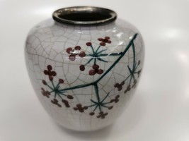 Old Vintage Karlsruhe Majolica Crackle Silver Rim Vase Hand Painted Glazed 50&#39;s - £88.40 GBP