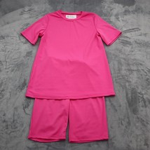 Casual 2 Piece Outfit Womens M Pink Plain Short Sleeve Top Elastic Waist Shorts - £23.67 GBP