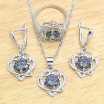 Heart Shape Rainbow Topaz 925 Silver Jewelry Sets For Women Wedding Bracelet Nec - £24.45 GBP