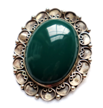 Vintage Valencia Mexican Sterling Brooch Pretty Green Onyx Cabochon Pend... - £70.60 GBP