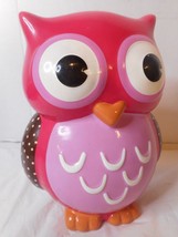 OWL PIGGY BANK 7 3/4&quot; Tall Pink Brown White Orange Ceramic Polka Dot Win... - £15.78 GBP