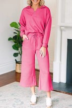 Bonbon Solid Textured Collared V Neck Top and Wide Leg Pants Set - £38.53 GBP