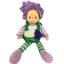 Ice Cream Face Baby Doll 19&quot; Hand Crochet Dress Purple Yarn Hair Plush Vtg 80s - £10.92 GBP