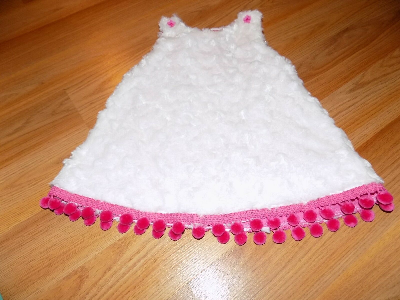 Primary image for Infant Size 12-18 Months Homemade White Faux Fur Pink Pom Pom Trim Jumper Dress