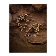 18K Gold Heart Harp Hoop Earrings -stylish, bold, party, designer, large - £40.15 GBP