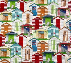 Richloom Beach Huts Cabana Red Green Orange Outdoor Multiuse Fabric By Yard 54&quot;W - £7.89 GBP