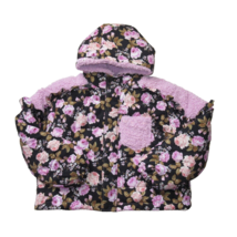 NWT For Love &amp; Lemons Puffer Jacket in Black Pink Floral Ruffle Trim She... - £118.04 GBP