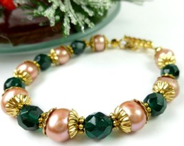Green Teal Glass Golden Freshwater Pearl Bracelet Small Wrist Holiday - $20.00