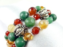 Jade Carnelian Orange Green Gemstone Sterling Beaded Coil Bracelet - $60.00