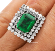 Art Deco Inspired Design Rectangular Shaped 2.59CT Emerald &amp; White CZ Halo Ring - $513.05