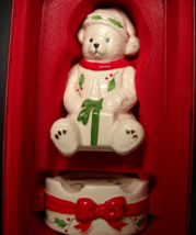 Lenox Holiday Sitting Teddy Holding Present Stackable Salt and Pepper Sh... - £10.38 GBP