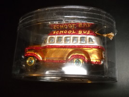 School Bus Mercury Glass Look Ornament Shiny Golds Silvers and Red Glitt... - $7.99