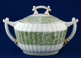 Seltmann Oval Ribbed Sugar Bowl w Green Floral Bands Bavaria China Rare - $29.99