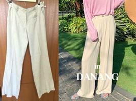 $238 ~ DA-NANG STONE BEIGE PINSTRIPED FLOWY LINEN/SILK TROUSERS PANTS - ... - $129.00