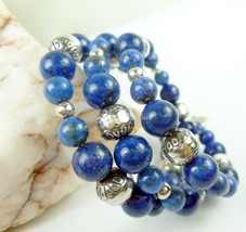 Lapis Lazuli Sterling Gemstone Southwest Design Wrap Beaded Bracelet - $63.00