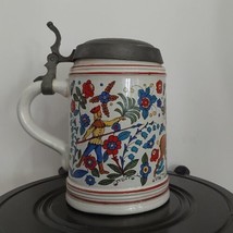 Vintage Colorful Rein Zinn 6&#39; Stein  with Pewter lid Pennsylvania Dutch Hunting - £20.17 GBP