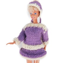Vtg Handmade Barbie Sweater Skirt Hat Set Purple Top Winter Outfit White... - $6.99