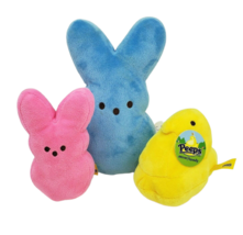 Lot Of 3 Peeps Blue + Pink Bunny + Yellow Chick Stuffed Animal Plush Toy Easter - £29.03 GBP