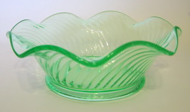Green Depression Glass Bowl Swirled Body Ruffled Lip 2 1/4 Inches Tall  - $17.99