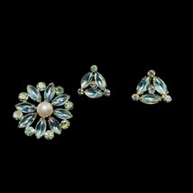Gold Tone Faux Pearl, Lucite And AB Rhinestone Brooch & Clip On Earrings (5097) - $29.70