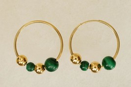 Fine Estate Jewelry 14KT Gold Green Malachite Beaded Hoop Pierced Earrings - £74.89 GBP