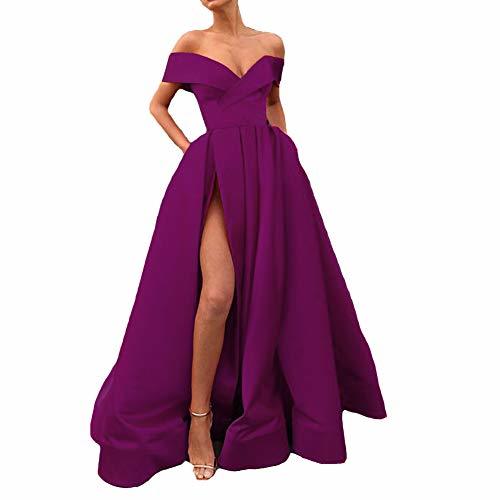 Plus Size Off Shoulder Front Slit Ball Gown Prom Dress with Pockets Purple 20W