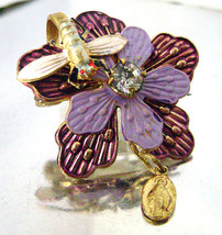 Vintage Religious Medal  Brooch Purple Flower Enamel Dragonfly Pin - £11.19 GBP
