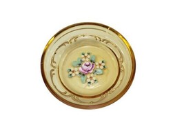 Small Art Glass Hand Painted Bowl Plate with Pink Flower Gold Rim - $11.83