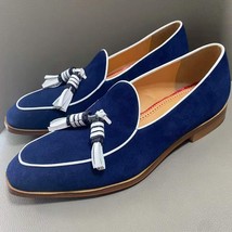 Blue Suede Shoes Men Pointed Toe Tassel Slip On Real Leather Flat Shoes ... - £114.87 GBP