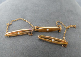 Victorian Lingerie Pins 3 on Chain Small Faux Pearl Centers Gold Tone C Clasp - £22.65 GBP