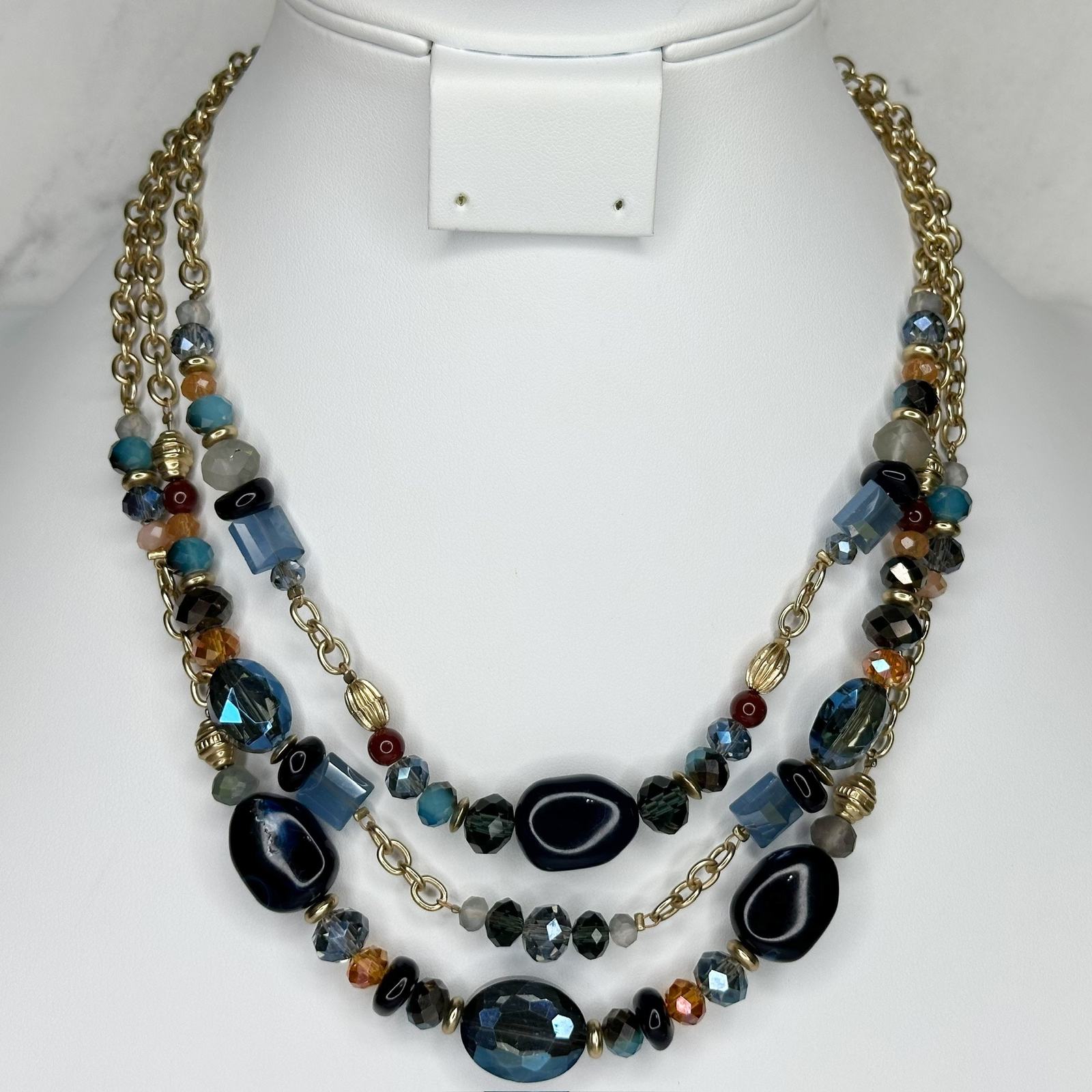 Primary image for Chico's Triple Strand Blue Beaded Gold Tone Necklace