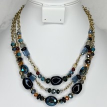 Chico&#39;s Triple Strand Blue Beaded Gold Tone Necklace - £15.47 GBP