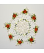 Vintage Crochet Cotton Lace Green &amp; Red Raised Roses Doily Mat Center Table - $14.82