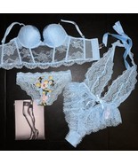 Victoria&#39;s Secret 34B BOMBSHELL CORSET TOP BRA SET+S TEDDY Baby BLUE lac... - $257.25 CAD