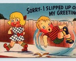 Comic Kid Slips on Banana Peel Sorry He Slipped Up UNP Linen Postcard Q12 - $2.92