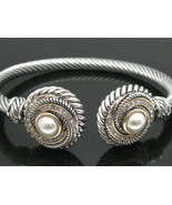 18K White GP Pearl Bangle Cable Lead Free Bracelet - £86.04 GBP