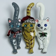 Christmas Holidays Cats Enamel Pin Brooch Cute Kittens Rhinestone Jewelry - £11.77 GBP