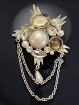 Vintage Silver-Tone Brooch Faux Pearl Rhinestone Chain Dangle Statement Pin - $38.09