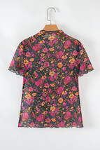Rose Floral Print Mesh Stand Neck Short Sleeve Top - $6.83