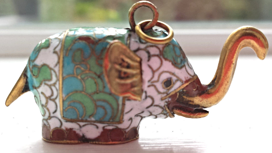 Primary image for Vintage Cloisonne Elephant Trunk Up Pendant Jewelry White Blue Green Gold
